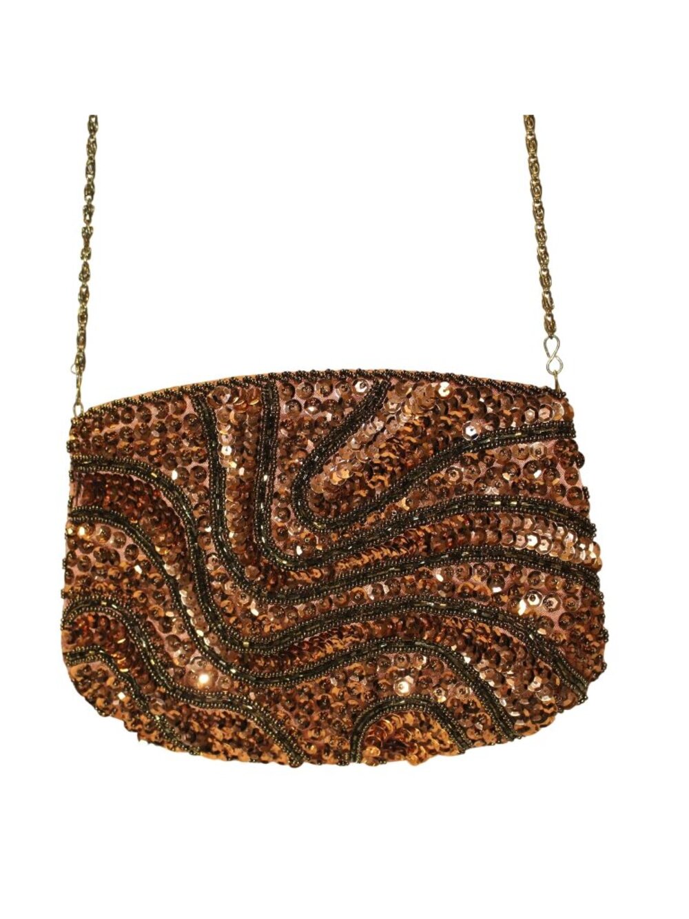 Vtg Bronze Copper Sequin Beaded Evening Bag Cocktail Clutch Chain Strap Macau